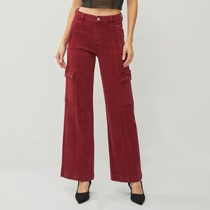 NWT RISEN PLUS + REG Size Wine Red High Rise Wide Leg 90s Cargo Jeans